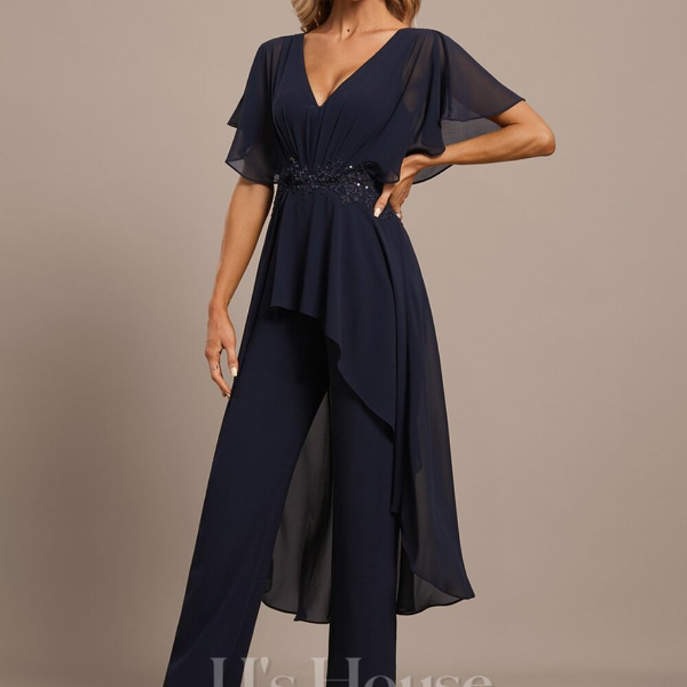 JJ's House Black Chiffon Lace Sequin Formal Evening Jumpsuit US 16 292134
